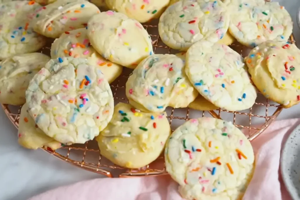 "A plate of colorful sprinkle-filled cake mix cookies, freshly baked and displayed on a serving tray."