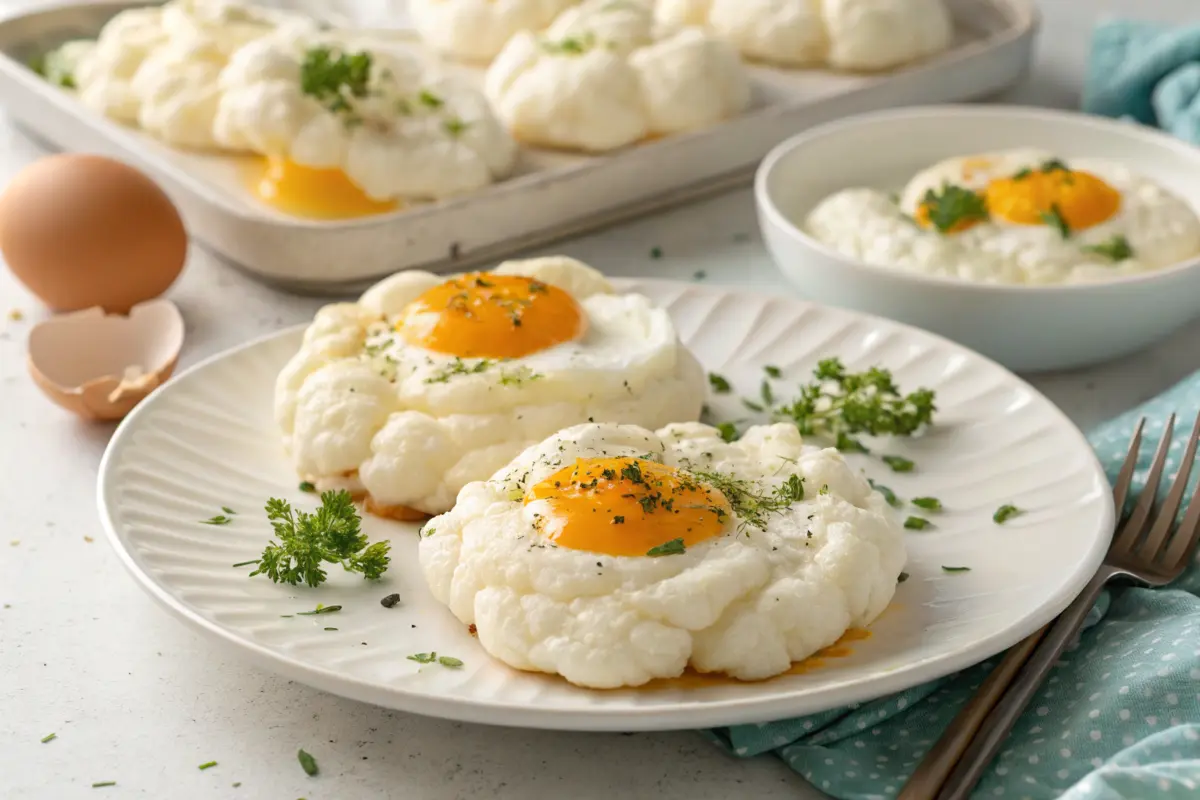 Fluffy cloud eggs garnished with fresh herbs, served on a white plate